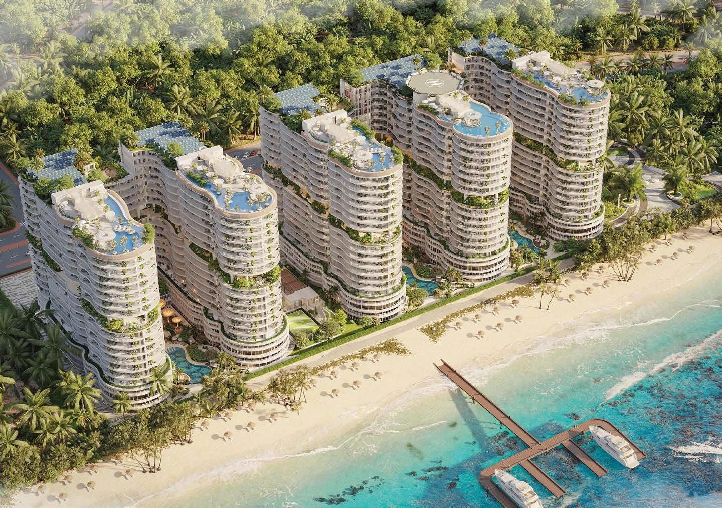 AMRA resort buildings and beachfront, aerial architectural rendering